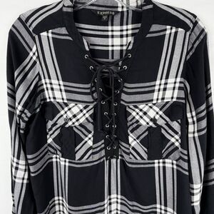 Express Lace Up Front Long Sleeve Blouse Sz S Black White Plaid Ren Faire Grunge